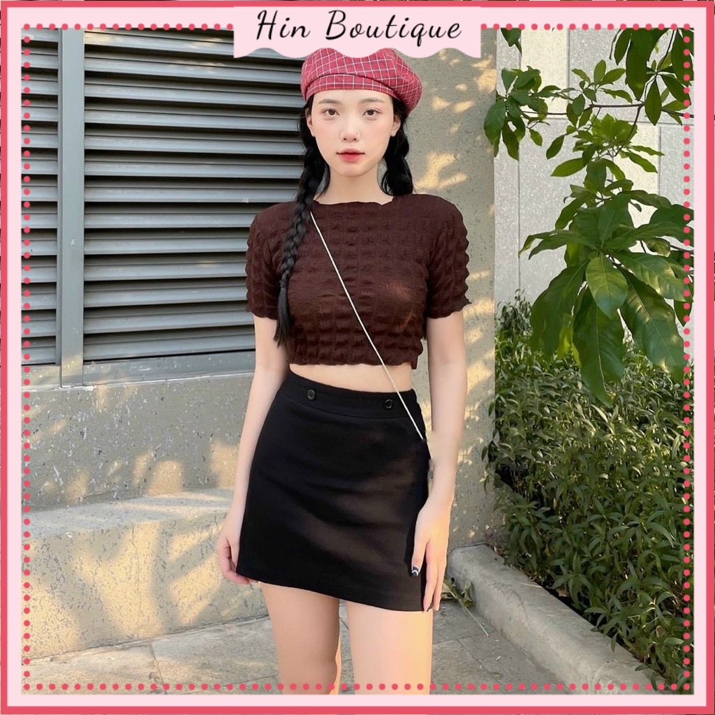 Áo cổ vuông dáng ngắn croptop vải xốp nổi 3 màu hot hit