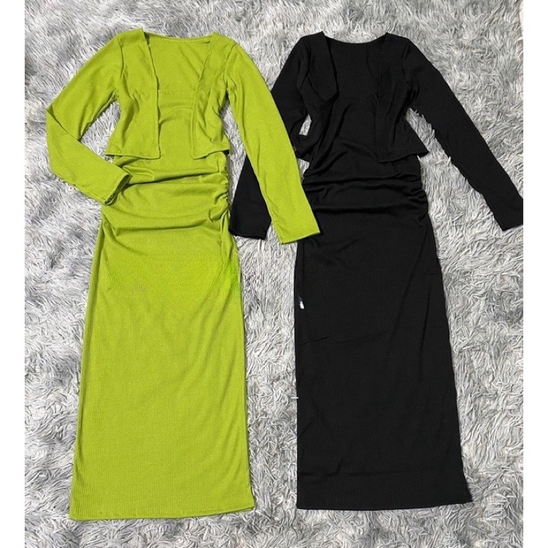 Sét áo khoác + đầm body dây xẻ đùi from dài chất thun gân xịn