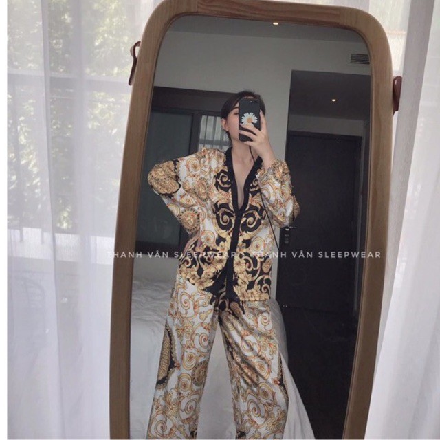 pijama tay dài tay hoạ tiết vàng hoàng gia lụa satin cao cấp quảng châu | BigBuy360 - bigbuy360.vn