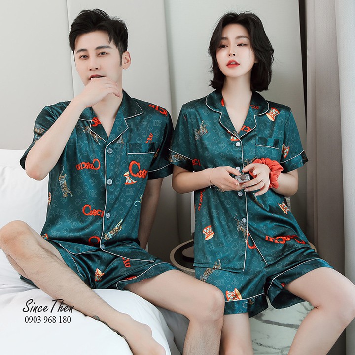 Pijama đôi nam nữ lụa ngắn màu xanh mát mẻ mùa hè, quà cưới ý nghĩa, hàng có sẵn - Since Then