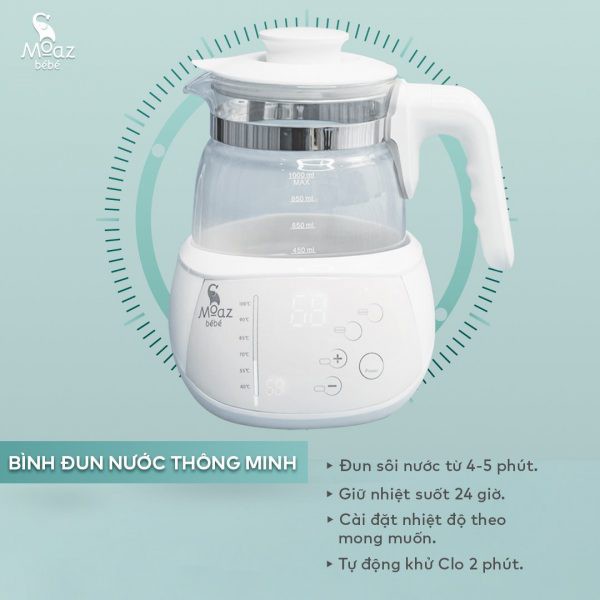 Bình Đun Nước Thông Minh MOAZ BÉBÉ Chất Nhựa, Thép Và Thủy Tinh Cao Cấp Dung Tích 1000ml MB 002