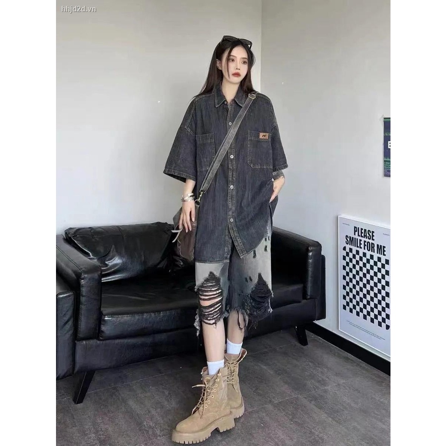 Quần short denim phối rách màu gradient phong cách đường phố cá tính thời trang W3