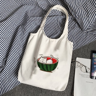 Túi tote canvas in mèo dưa hấu