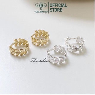 Khuyên tai bạc Tlee, Bông tai tròn chốt bấm dáng lá Oliu- TleeSilver