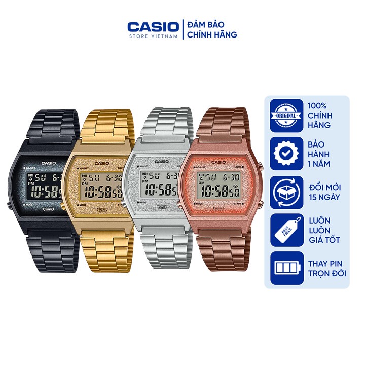 Đồng hồ Nữ Casio B640, đồng hồ chính hãng, phiên bản mặt nhũ, điện tử, phong cách cổ điển