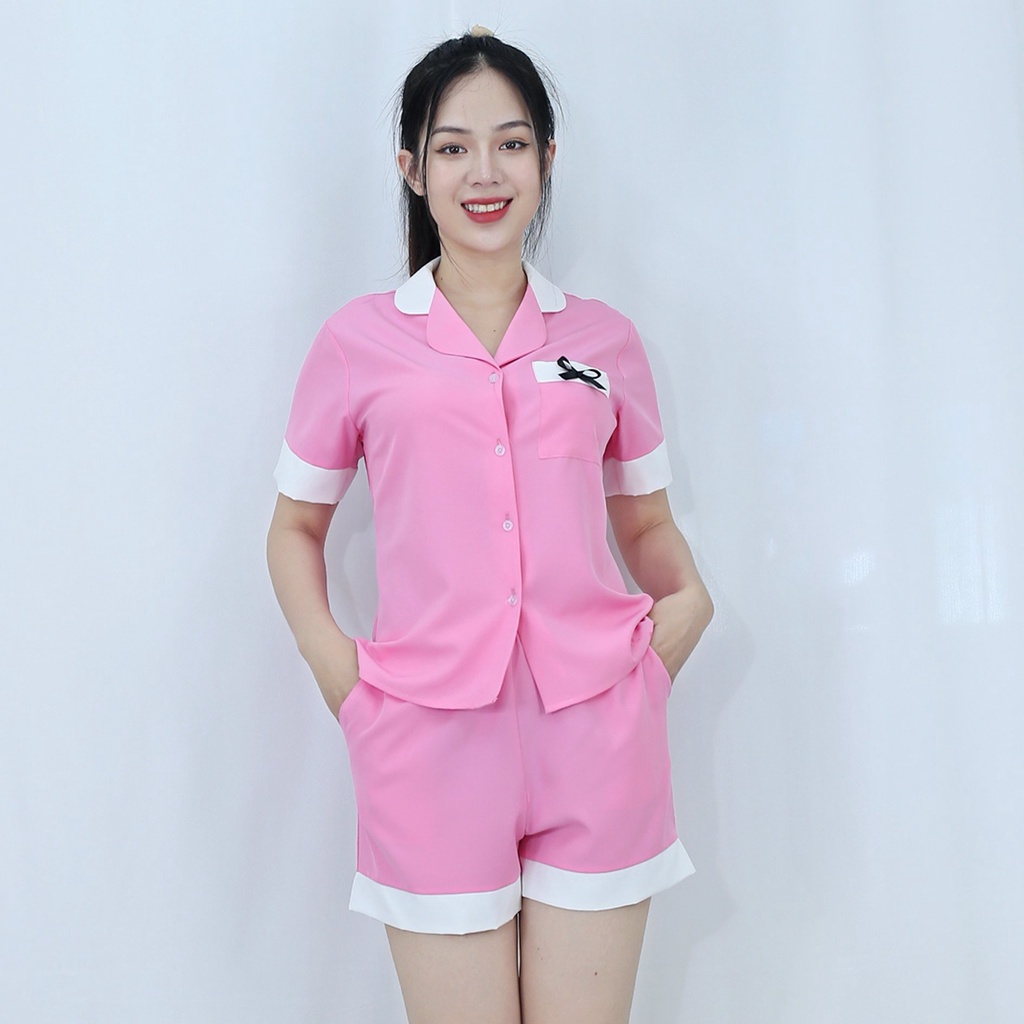 Bộ đồ bộ Pijama NGẮN HỒNG PHA CỔ TRẮNG ĐIỂM NHẤN NƠ TÚI CỰC XINH vải  lụa cao cấp -  Thoải Mái Nhẹ Nhàng