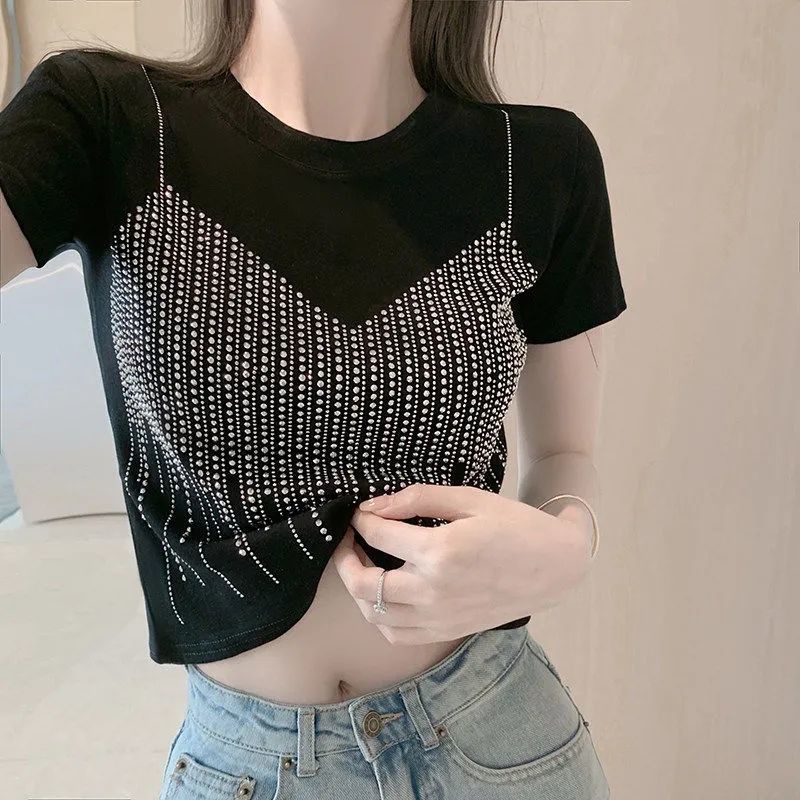 Áo Thun Ngắn Tay Giả Hai Lớp Đính Đá Phong Cách Mới Mùa Hè Cho Nữ