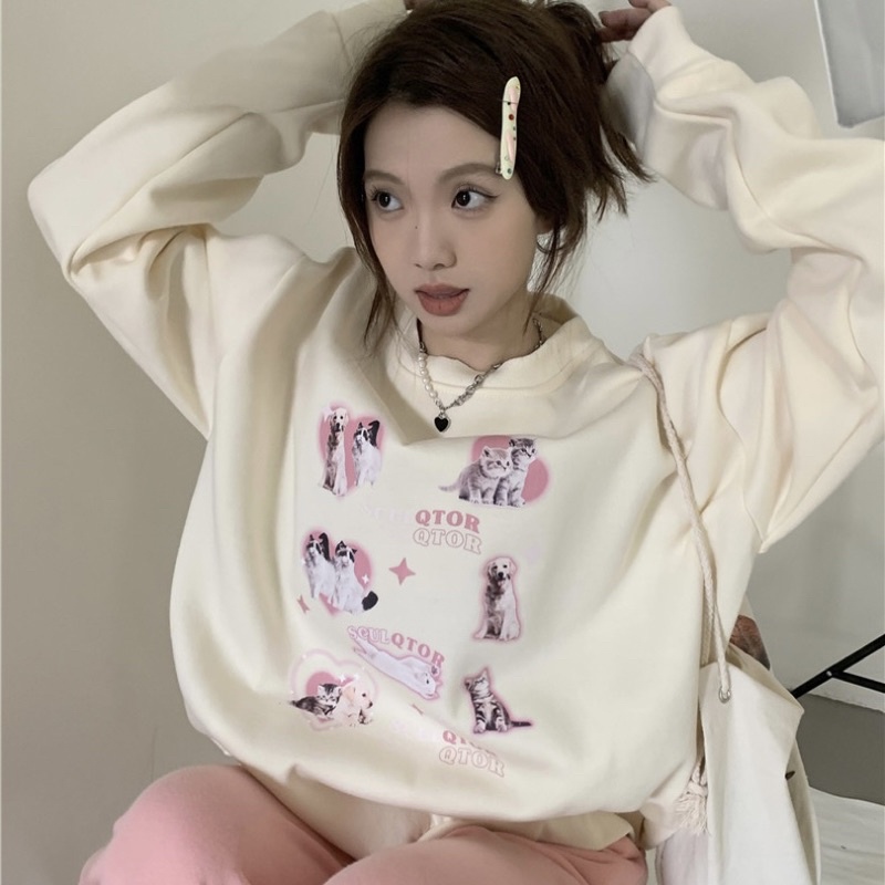 Áo hoddie nỉ bông tay dài cổ tròn dáng oversize màu xám be in hoạ tiết thú cưng trái tim đáng yêu ấm áp học sinh korean