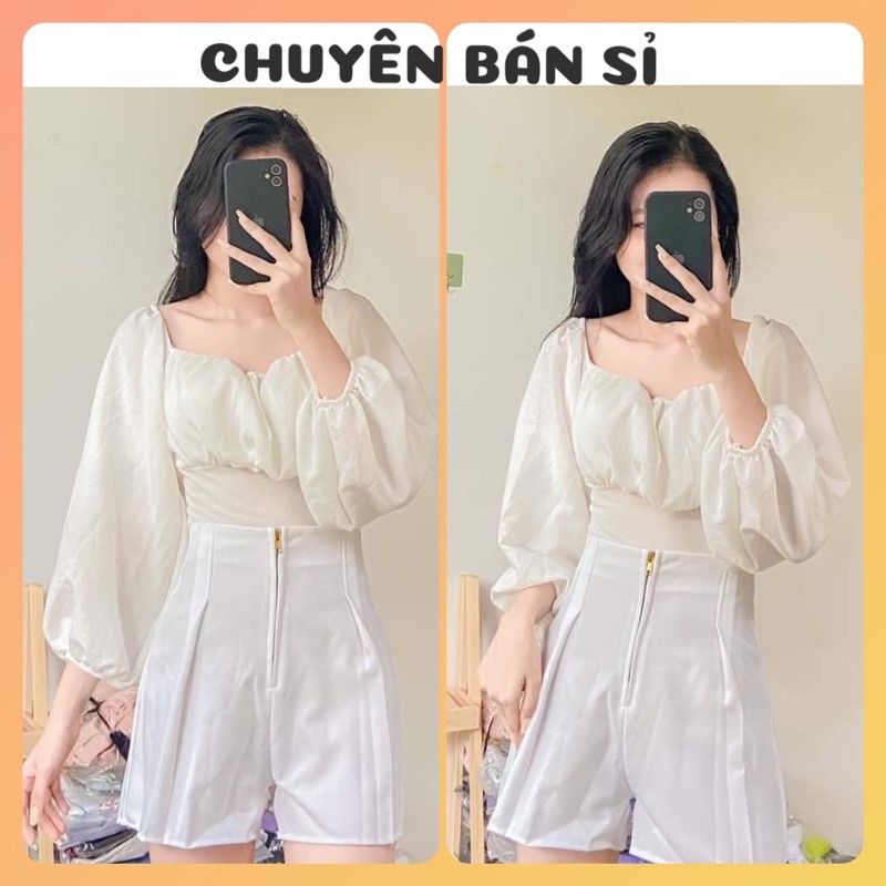 Áo kiểu cổ vuông tay bồng cột nơ vải voan xốp có mút ngực