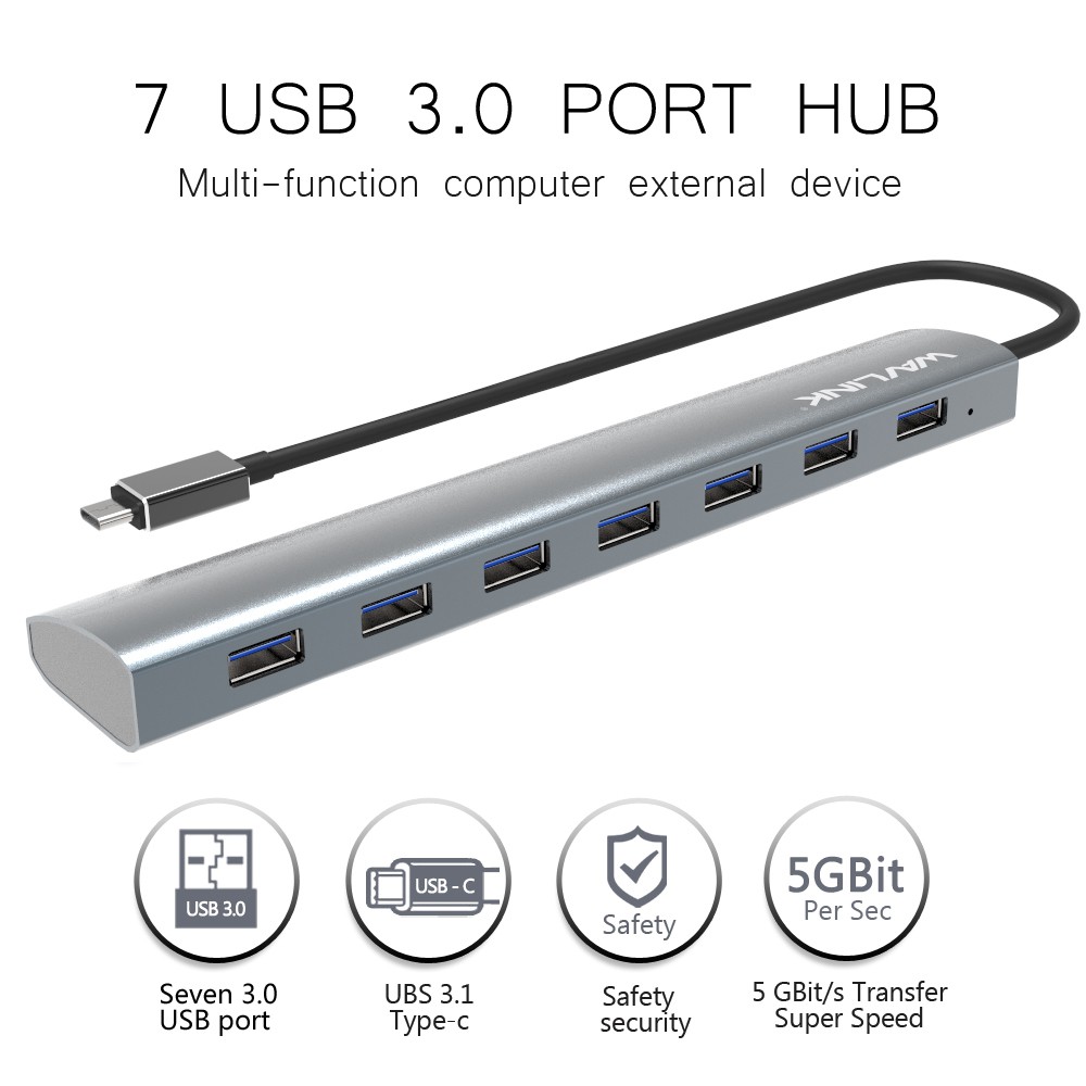 Wavlink 7 Cổng Type-C sang USB 3.0 Nhôm USB HUB, Tốc Độ Cao 5Gbps Cho Laptop, PC, Cắm Và Chạy