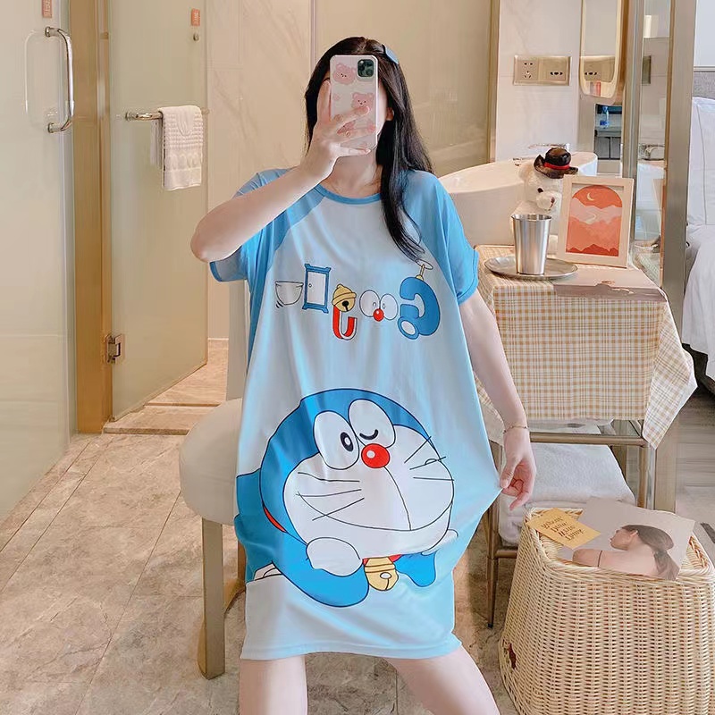 Đầm Ngủ Tay Lỡ Dáng Rộng In Hình Doraemon Dễ Thương Thời Trang Cho Nữ