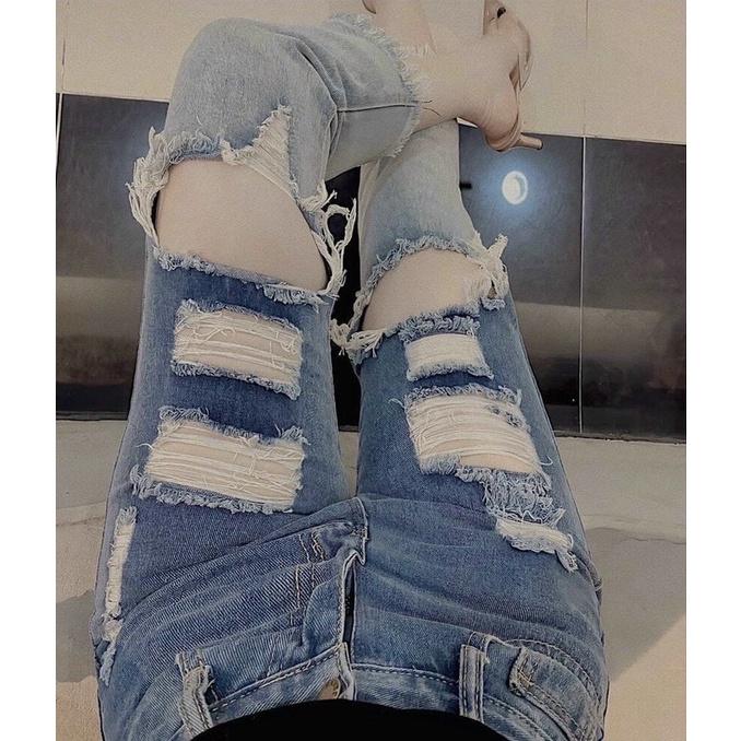 Quần jean dài 9 tấc BIGSIZE Lưng cao, Rách Loang model, co dãn mạnh rẻ đẹp dành cho người béo 4199 MLJ Moliruan