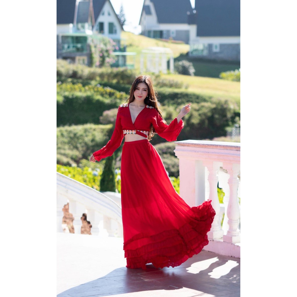 Set đầm maxi đỏ tay loe viền thổ cẩm kèm chân váy tầng cực xinh - Hình thật 100%