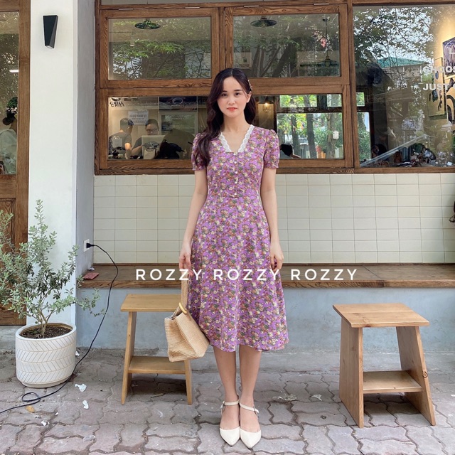 Váy hoa cổ phối ren Katy ( hai màu tím/đen)