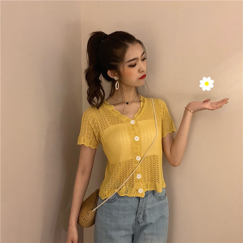 Áo len nữ ngắn tay sợi mỏng 3 màu thời trang | BigBuy360 - bigbuy360.vn