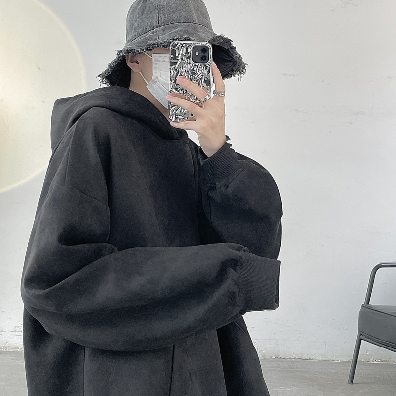 Áo khoác hoodie da lộn dáng rộng thiết kế năng động dành cho nam