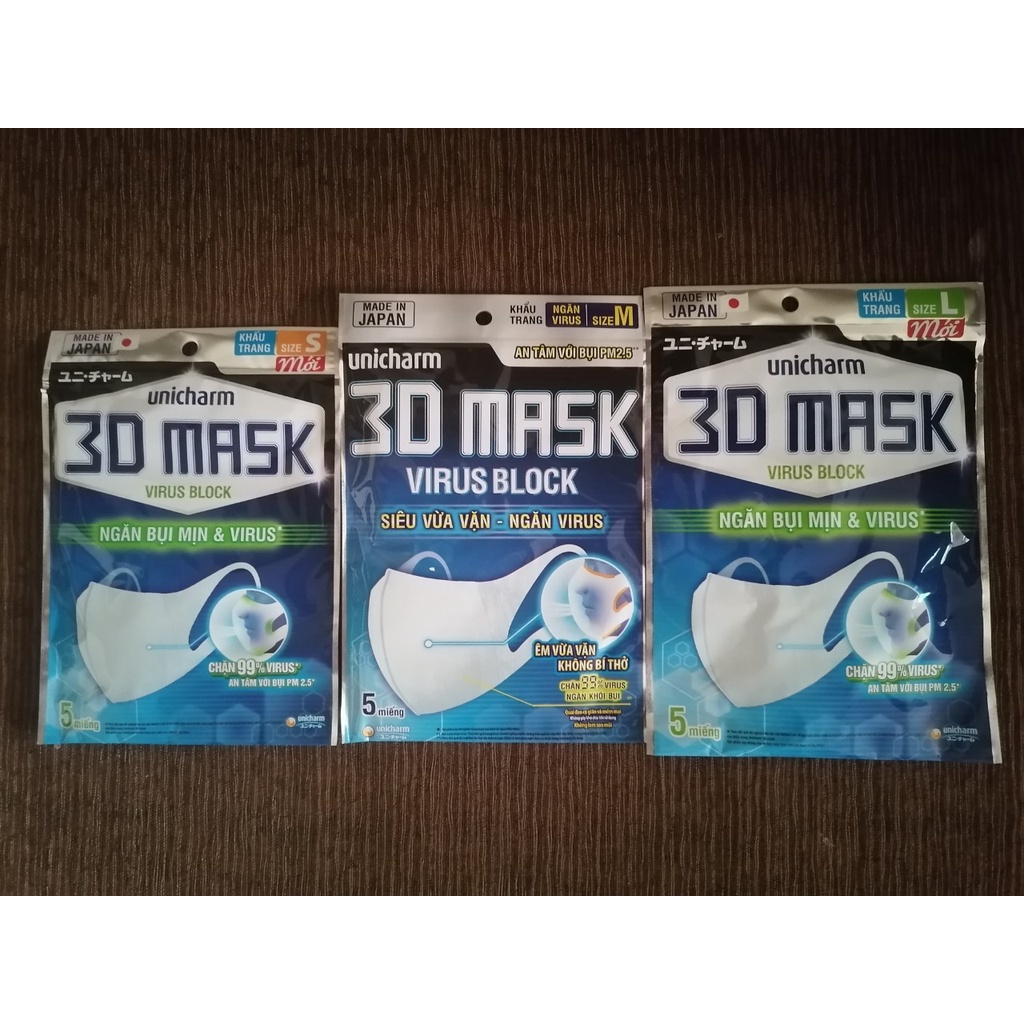 Khẩu trang ngăn vi khuẩn Unicharm 3D Mask Virus Block size M gói 5 miếng