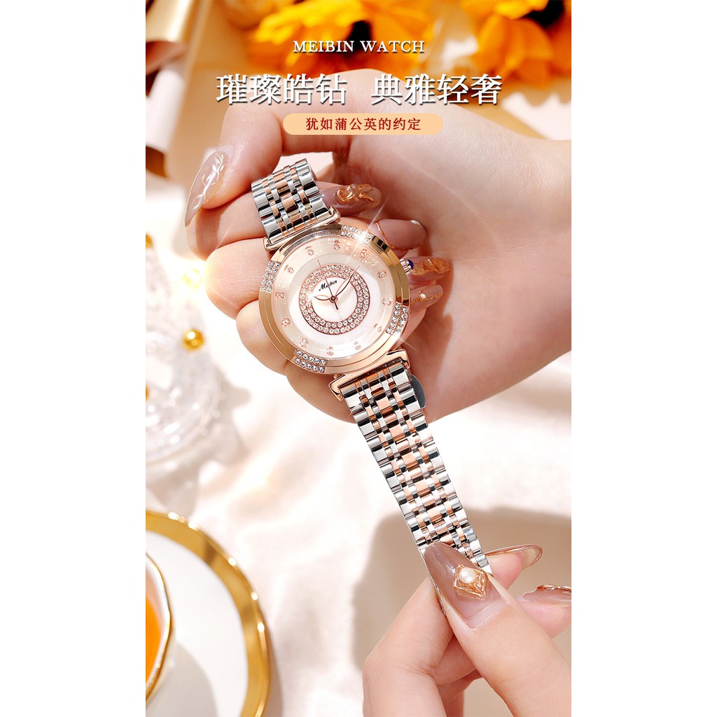 Đồng hồ đeo tay, đồng hồ nữ đẹp chính hãng MEIBIN đính đá cao cấp, sang trọng, mặt tròn, không thấm nước