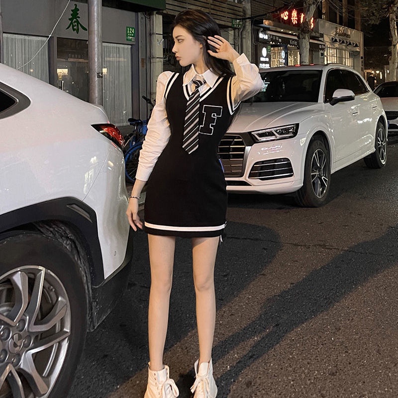 Đầm Sơ Mi Dài Tay Màu Sắc Tương Phản Thời Trang Thu Đông Phong Cách Châu Âu