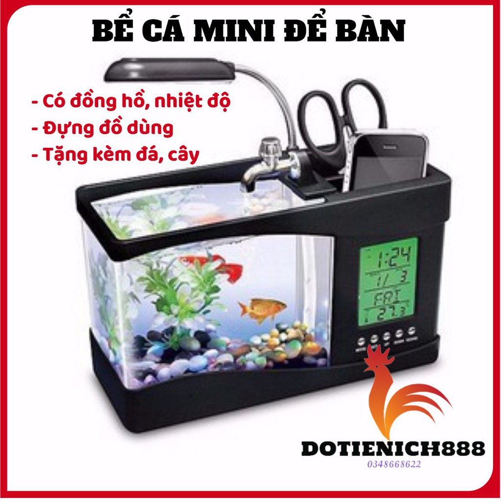 Bể cá cảnh mini ,Bể cá để bàn có đồng hồ tặng kèm đá và cây trang trí có đèn Led ( màu đen)