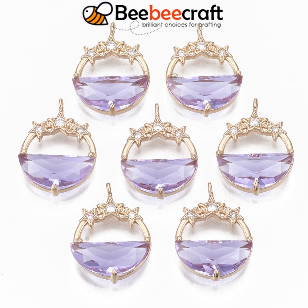 Beebeecraft Set 2 Mặt Vòng cổ Thủ Công Bằng Đồng Thau Mặt Tròn Dẹt Ánh Vàng Nhạt Hình Ngôi Sao Lilac