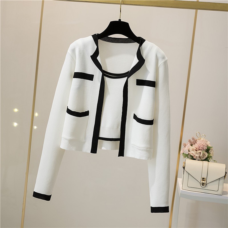 Set Áo Khoác Cardigan Dài Tay Và Áo Len Ngắn Phong Cách Hàn Quốc Mới