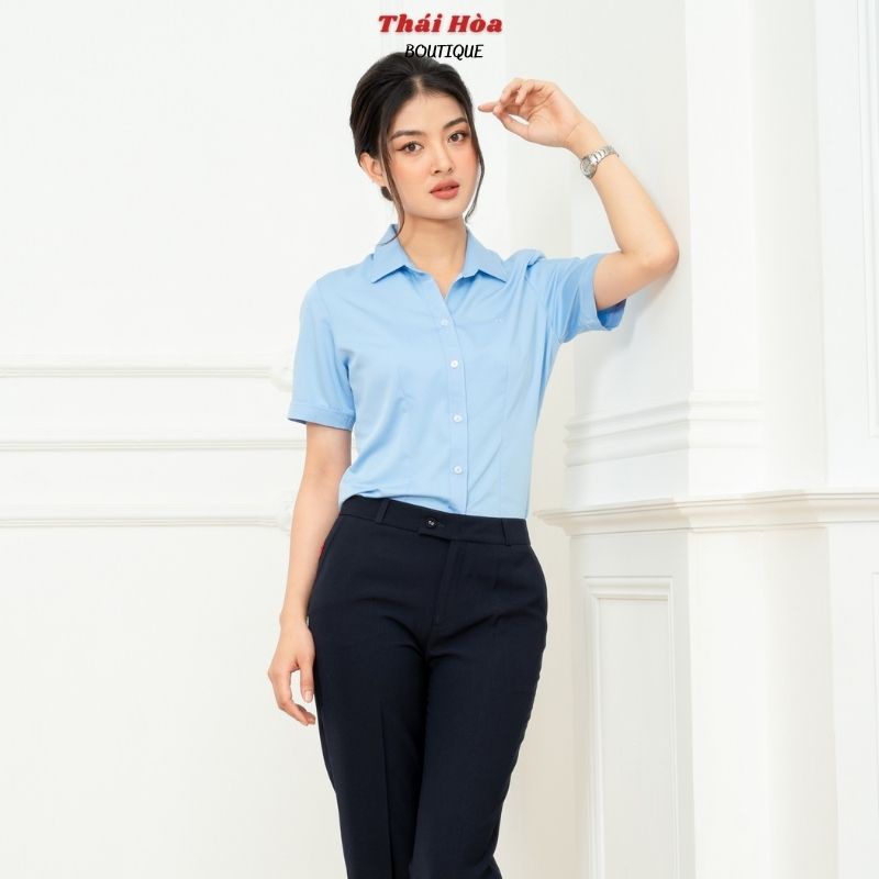 Áo sơ mi nữ tay ngắn cao cấp xanh kiểu công sở bigsize sợi tre Thái Hoà N8919-03-01