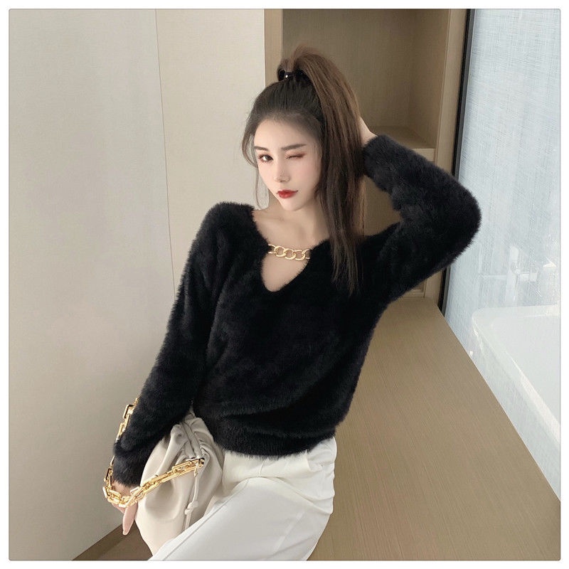 Áo dệt kim tay dài cổ chữ V phối xích phong cách Hàn Quốc thời trang mùa thu cho nữ