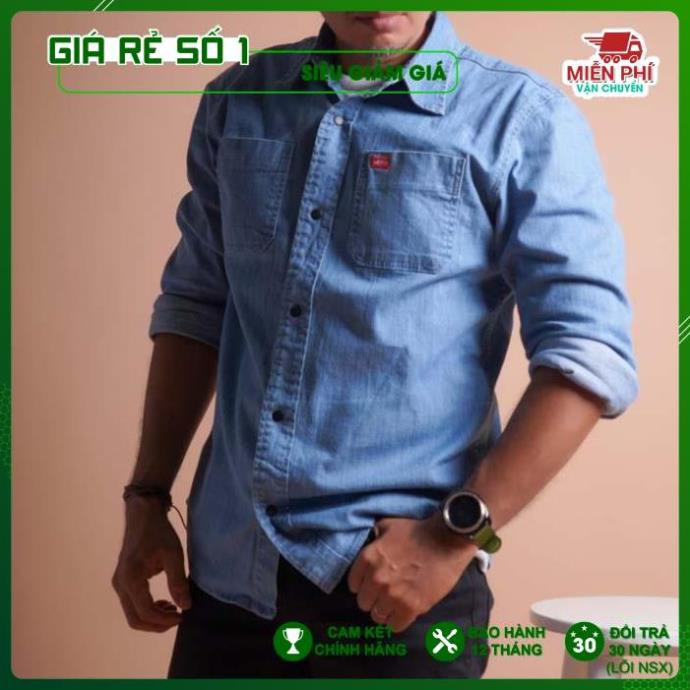 Áo sơ mi jeans nam co giãn chính hãng, Chất dennim hàng hiệu cao cấp, Sản xuất tại Cambodia