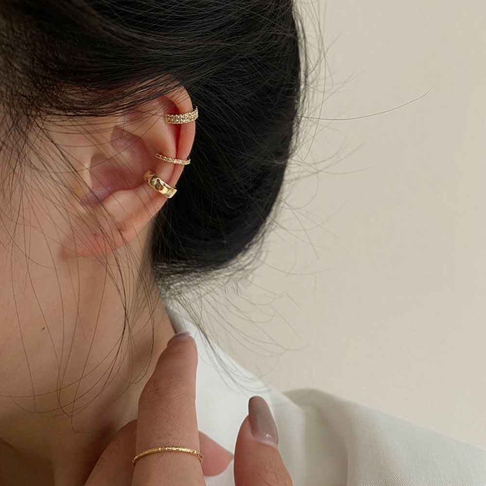 Bộ 3 khuyên tai kẹp vành kiểu dáng hình học phong cách đường phố cá tính cho nữ