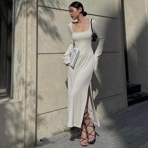 Đầm Body Nữ Midi Phối Xẻ Tay Dài Hở Lưng