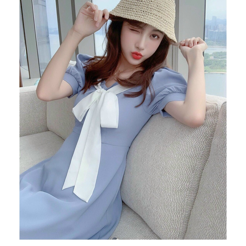 [ Miễn phí ship 2022 ] Đầm công sở dự tiệc, đầm xanh nơ trắng tay búp tiểu thư xinh xắn phong cách hàn quốc