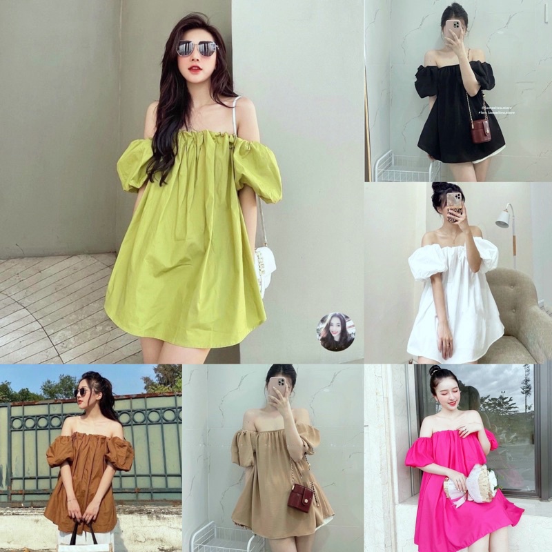 Áo trễ vai tay bồng xinh xắn đầm suông nữ dáng xòe nhiều màu LD10546