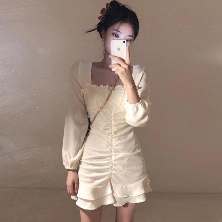 Váy ulzzang nữ dáng xòe đuôi cá ôm body, Đầm trắng ulzzang dài tay dự tiệc - Roxie  ྇