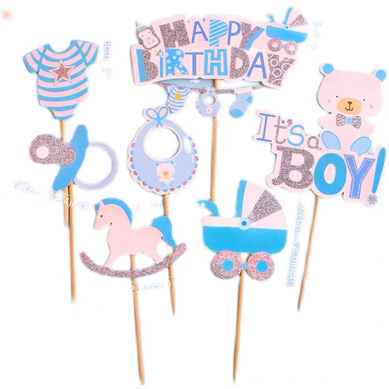 Set que cắm It's boy + gấu + HPBD quần áo xanh - Phụ kiện trang trí bánh sinh nhật