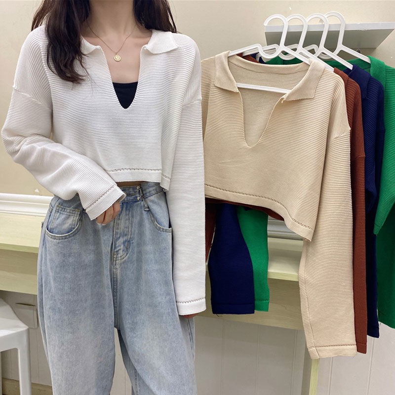 Croptop knit long sleeve V-neck, Korean version | BigBuy360 - bigbuy360.vn