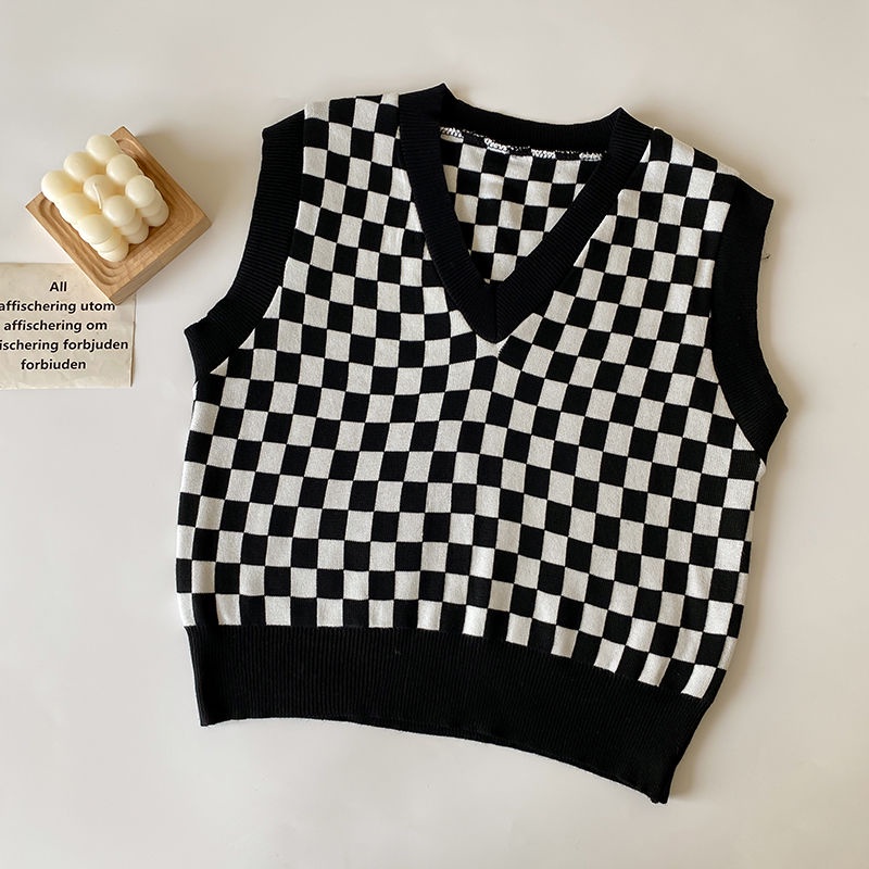 Áo len cổ chữ v không tay họa tiết sọc caro thời trang nữ