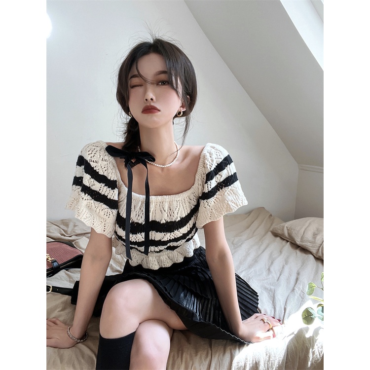 Porozi  Áo sơ mi croptop dệt kim  ngắn tay cổ vuông họa tiết kẻ sọc thời trang Hàn Quốc cho nữ