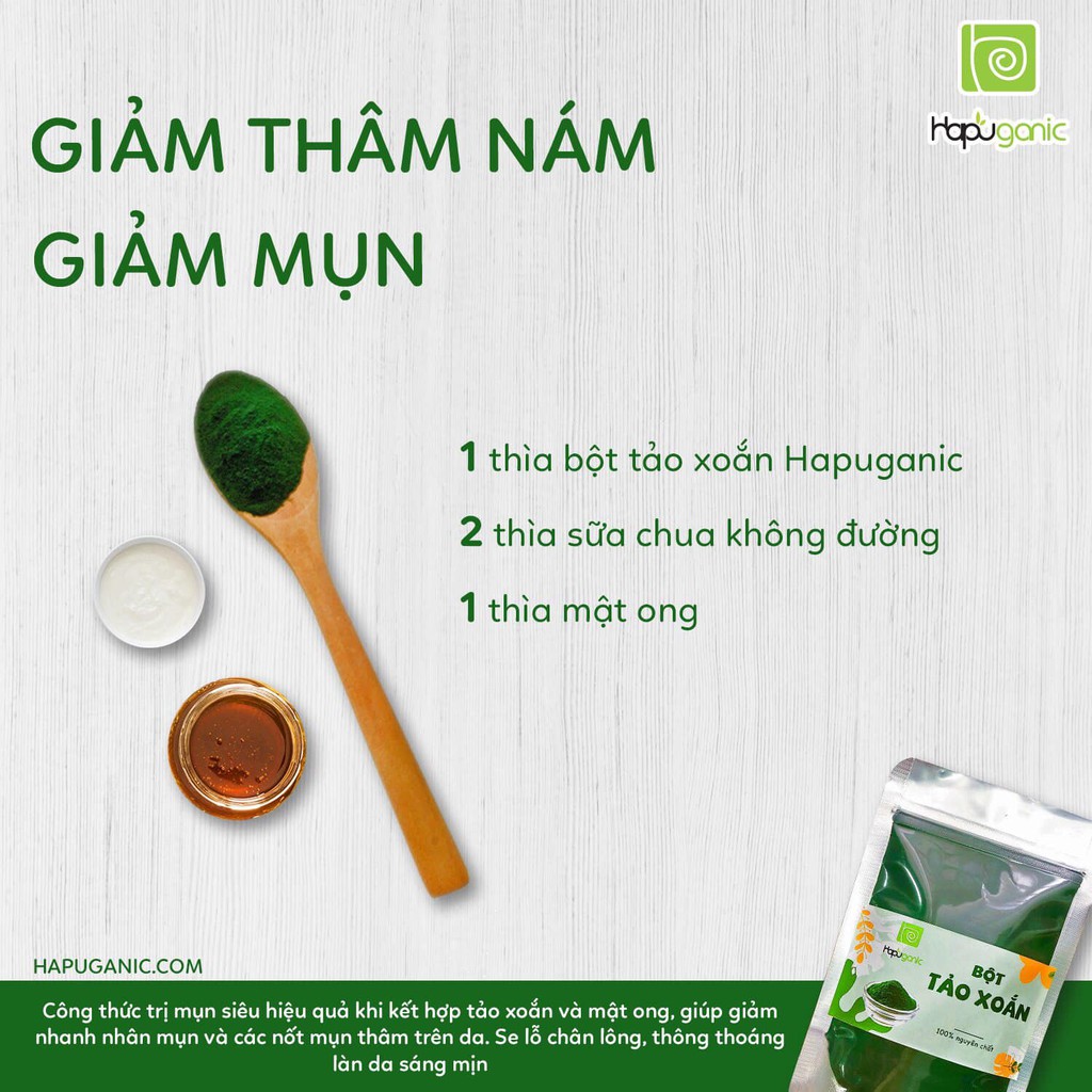 Hũ Bột Tảo Xoắn Spirulina nguyên chất 100% Hapu Organic Mặt Nạ Bột Thiên Nhiên Dưỡng Trắng Da Mờ Thâm