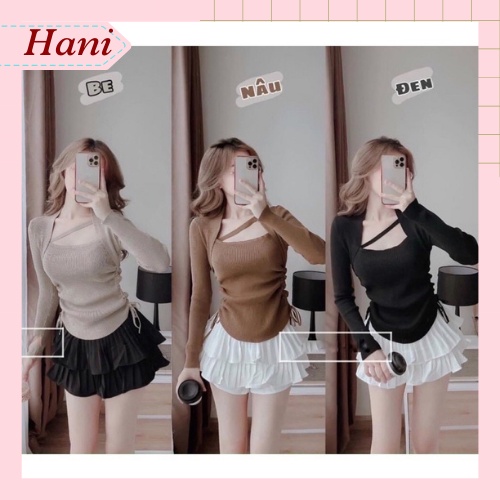 Áo len nữ cổ vuông rút dây dây chéo rút eo hàng Quảng Châu l1 cho nữ