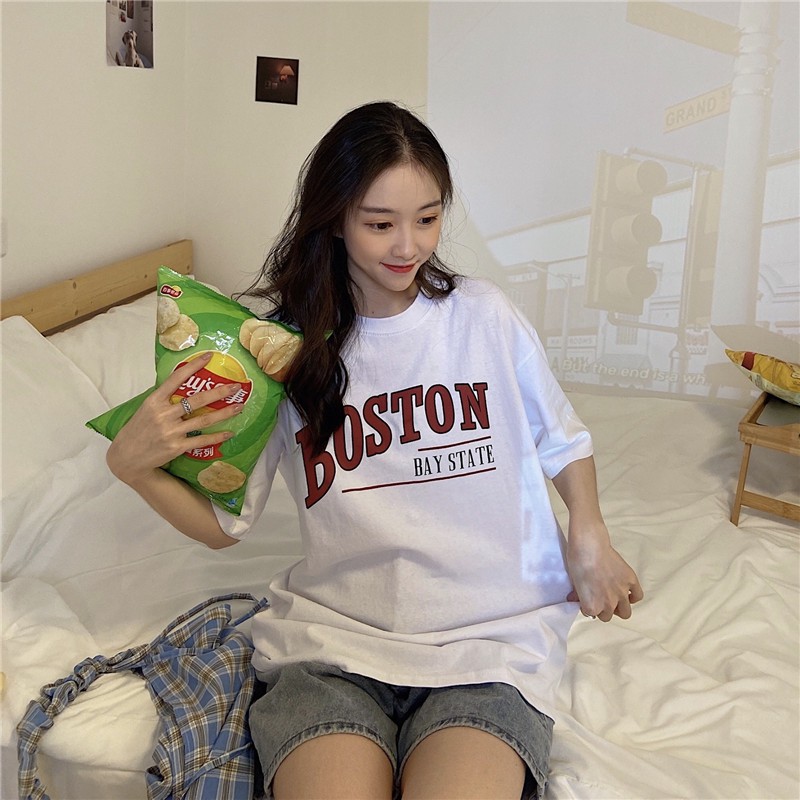 Áo thun nam nữ unisex tay lỡ phông form rộng teen cổ tròn oversize cotton giá rẻ basic đen trắng tee pull  BOSTON