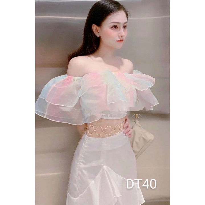 Áo croptop bẹt vai voan kiến phối màu Shop Cam Kết Hàng Y Hình kèm Ảnh Thật Chính Chủ ( Size từ 40-53kg )