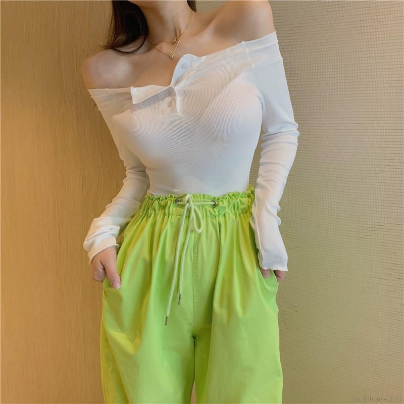 Women T-shirts Autumn Winter T-shirt Slim Slash Neck Long-sleeved Slim Off-shoulder One Neck T-shirts | BigBuy360 - bigbuy360.vn