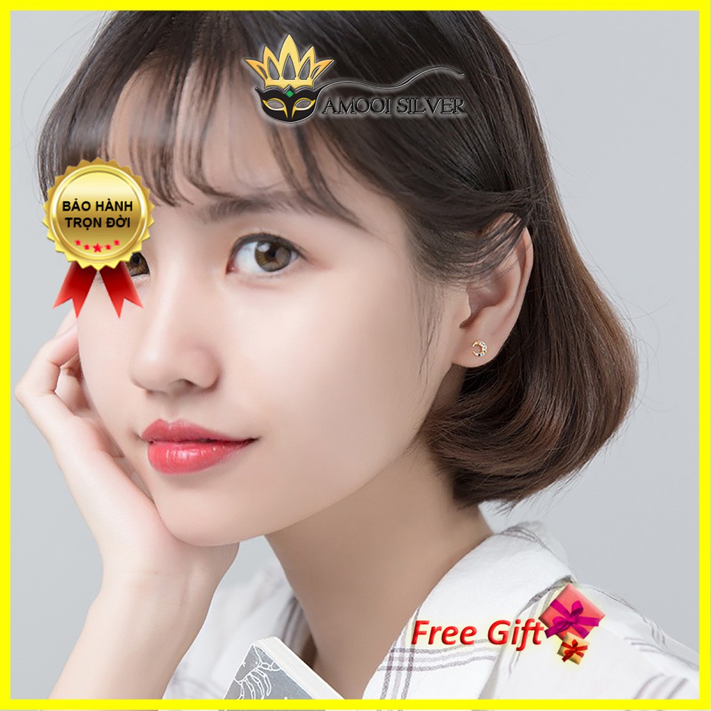 Bông tai bạc S925 mặt trăng nhí đã ngũ sắc - Amooi Silver AB166
