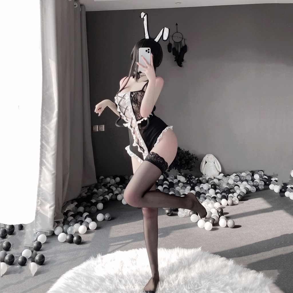 Đồ ngủ sexy đồ ngủ nữ cosplay cô thỏ ngọc 2 sexy ren lưới hoa văn màu đen freesize QUENQUEN store a4 | BigBuy360 - bigbuy360.vn