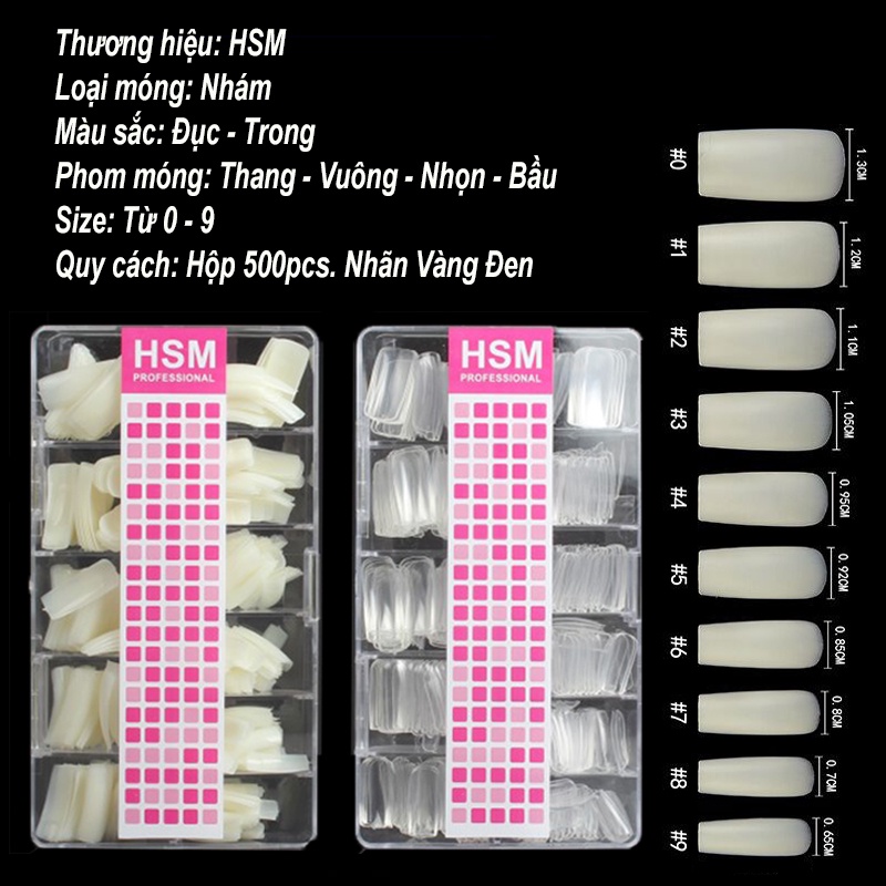 Móng úp tay giả đủ phom vuông thang nhọn bầu HSM chính hãng nhám đục trong chuẩn size Hàn Quốc nail 500 móng