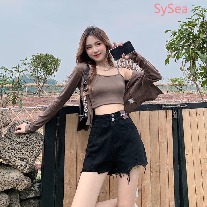 Quần Short Denim Màu Đen Lưng Cao Thời Trang Mùa Hè Cho Nữ