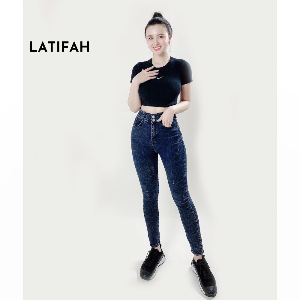 Quần jeans nữ co giãn LATIFAH cạp siêu cao mài xước màu đen xám QD038 phong cách trẻ trung năng động