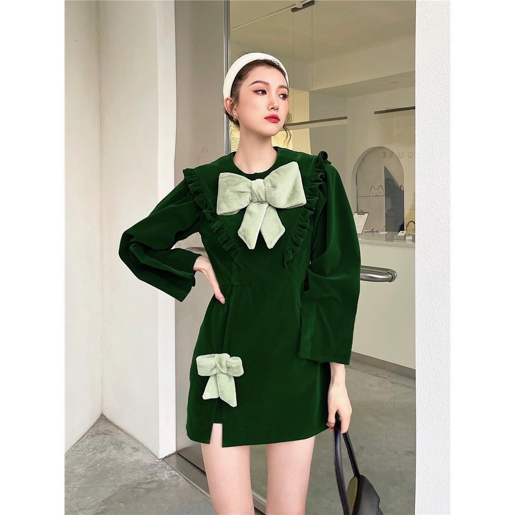 Đầm nhung đỏ phong cách retro Pháp mừng năm mới năm mới 2021 cho nữ