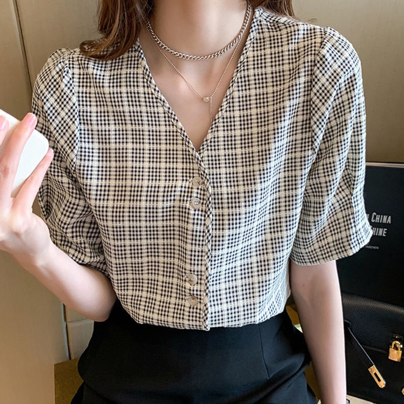Áo Sơ Mi Ngắn Tay Ca Rô 178545 Áo Sơ Mi Nữ Cổ Chữ v Form Rộng Hợp Thời Trang